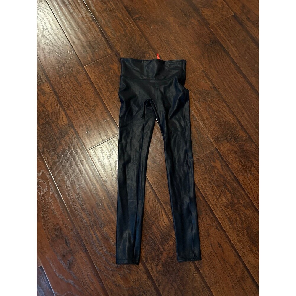 Spanx Black Faux Leather Leggings Sz S | High Waist, Shiny Leather Look